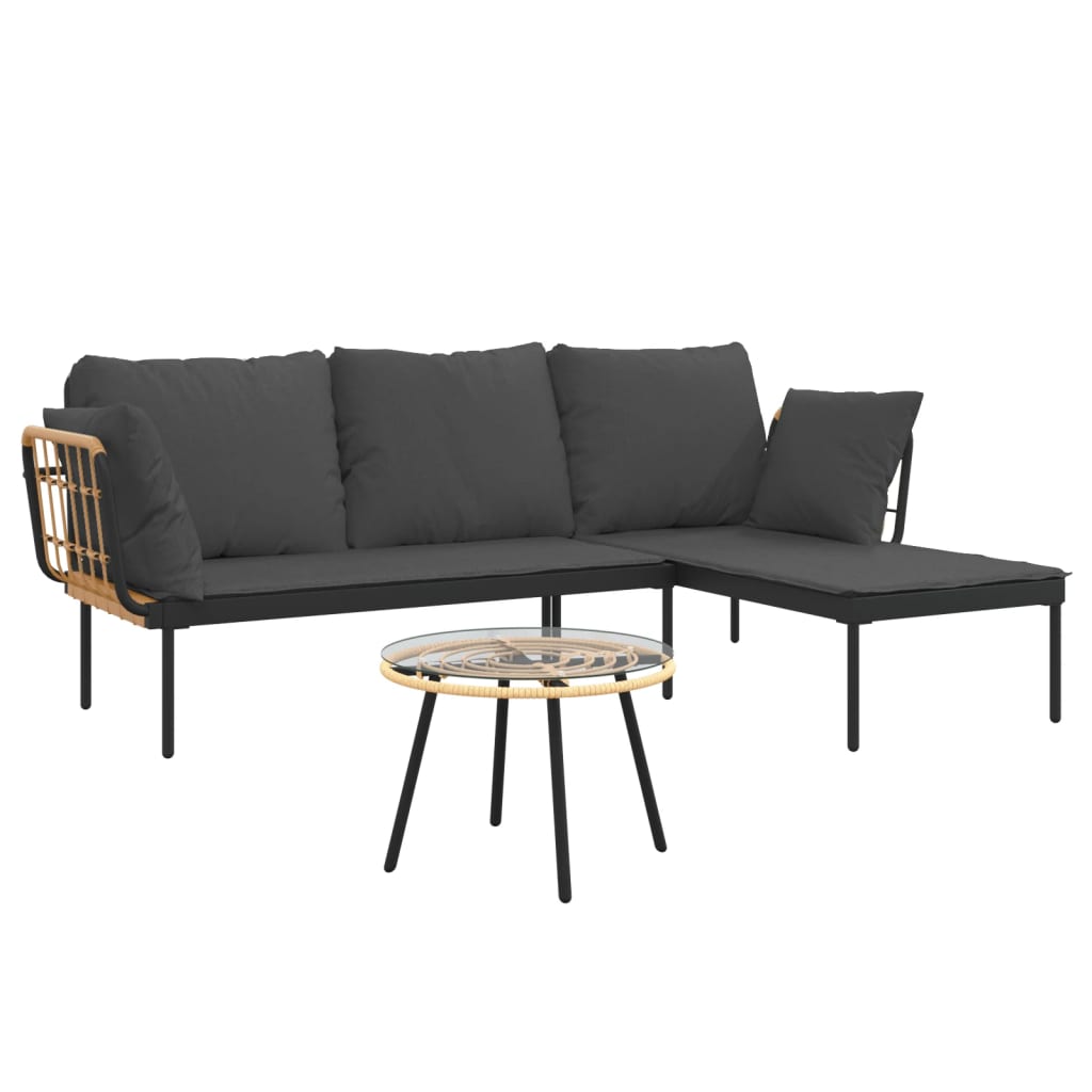 3-tlg. Garten-Lounge-Set mit Kissen Dunkelgrau Poly Rattan