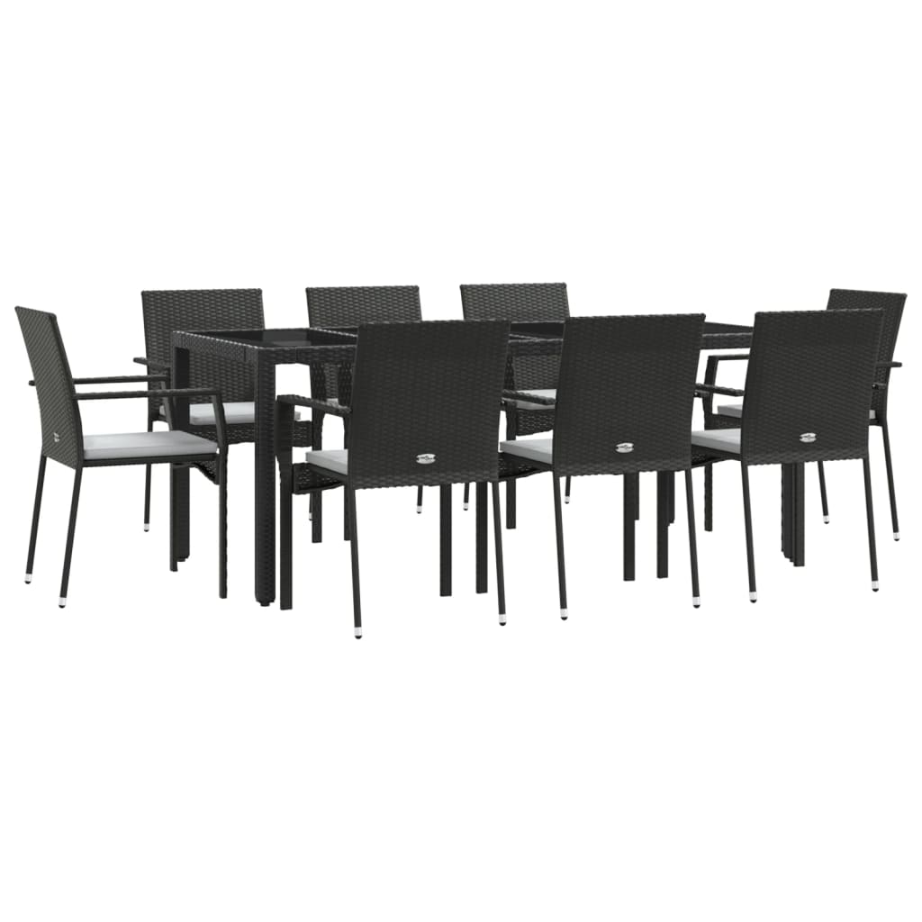 9-tlg. Garten-Essgruppe mit Kissen Schwarz Poly Rattan