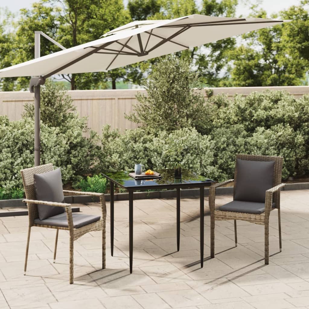 3-tlg. Garten-Essgruppe mit Kissen Schwarz und Grau Poly Rattan