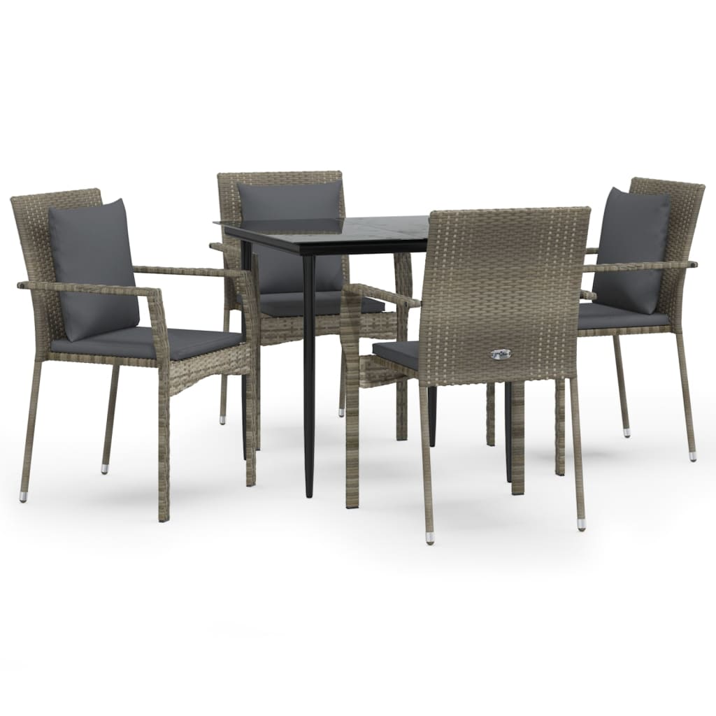 5-tlg. Garten-Essgruppe mit Kissen Schwarz und Grau Poly Rattan