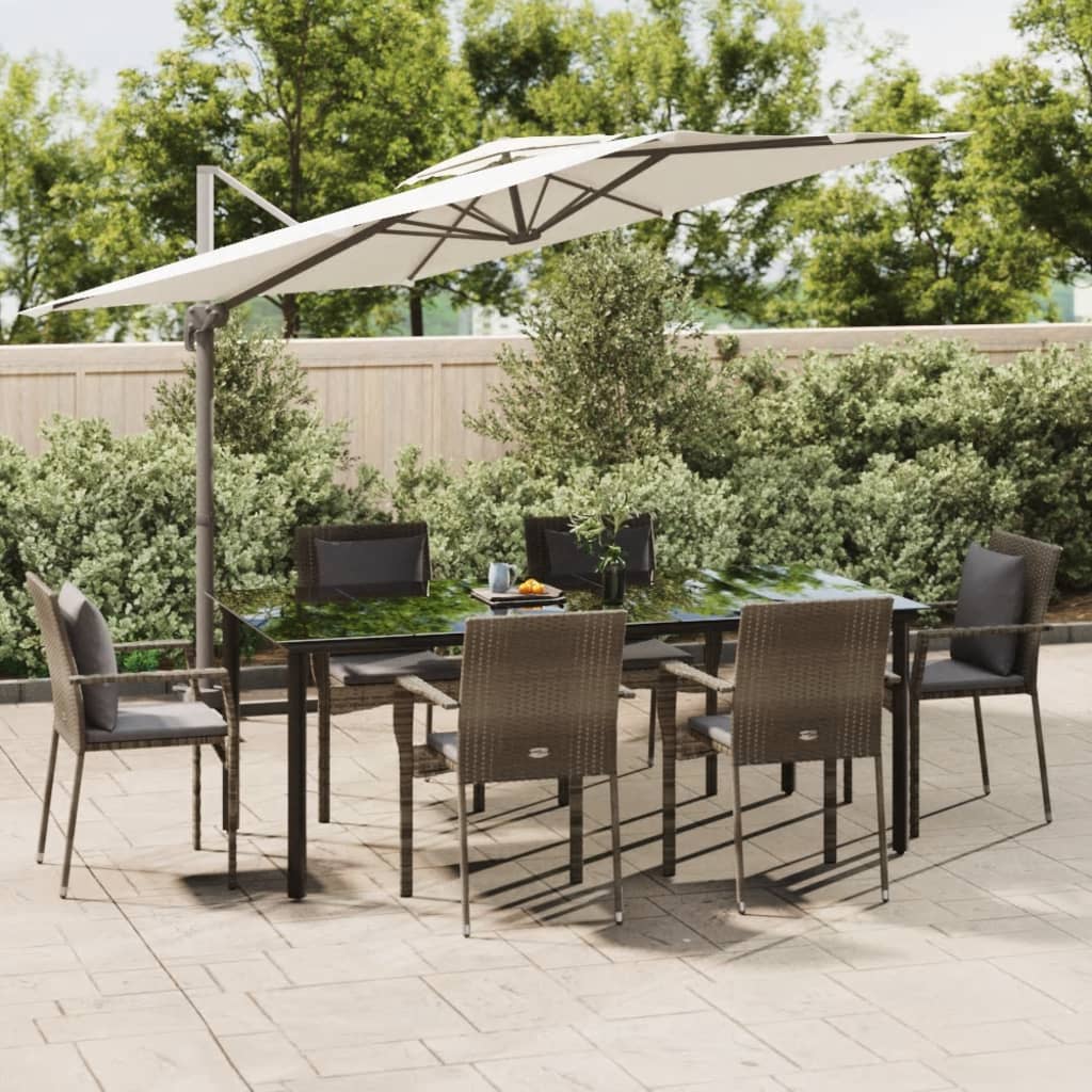 7-tlg. Garten-Essgruppe mit Kissen Schwarz und Grau Poly Rattan