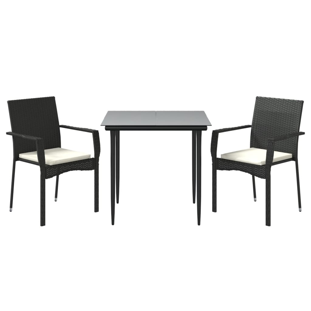3-tlg. Garten-Essgruppe mit Kissen Schwarz Poly Rattan