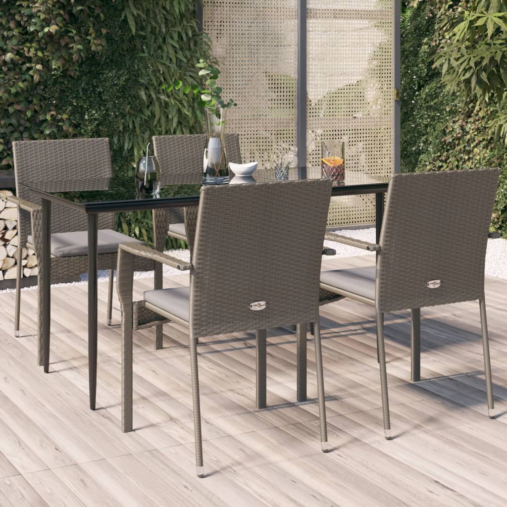 5-tlg. Garten-Essgruppe mit Kissen Schwarz und Grau Poly Rattan