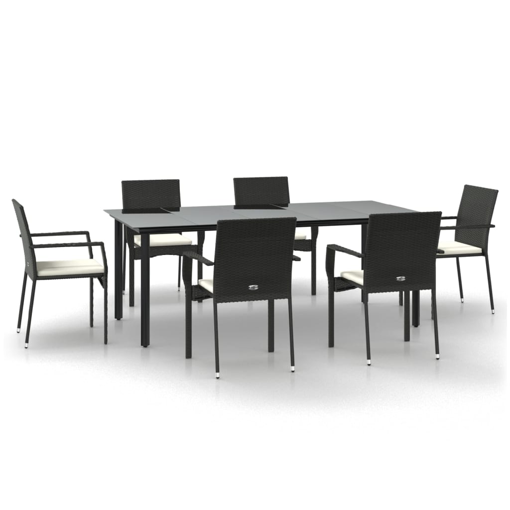 7-tlg. Garten-Essgruppe mit Kissen Schwarz Poly Rattan