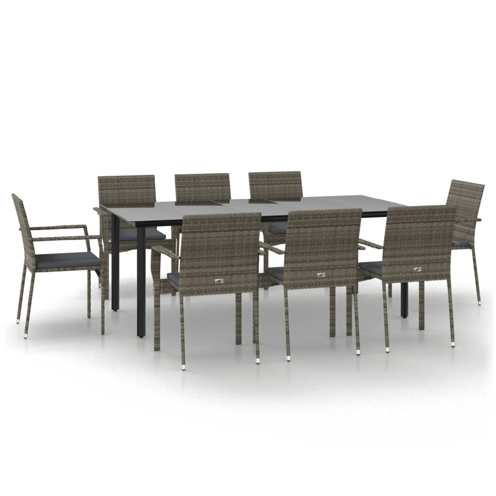 9-tlg. Garten-Essgruppe mit Kissen Schwarz und Grau Poly Rattan
