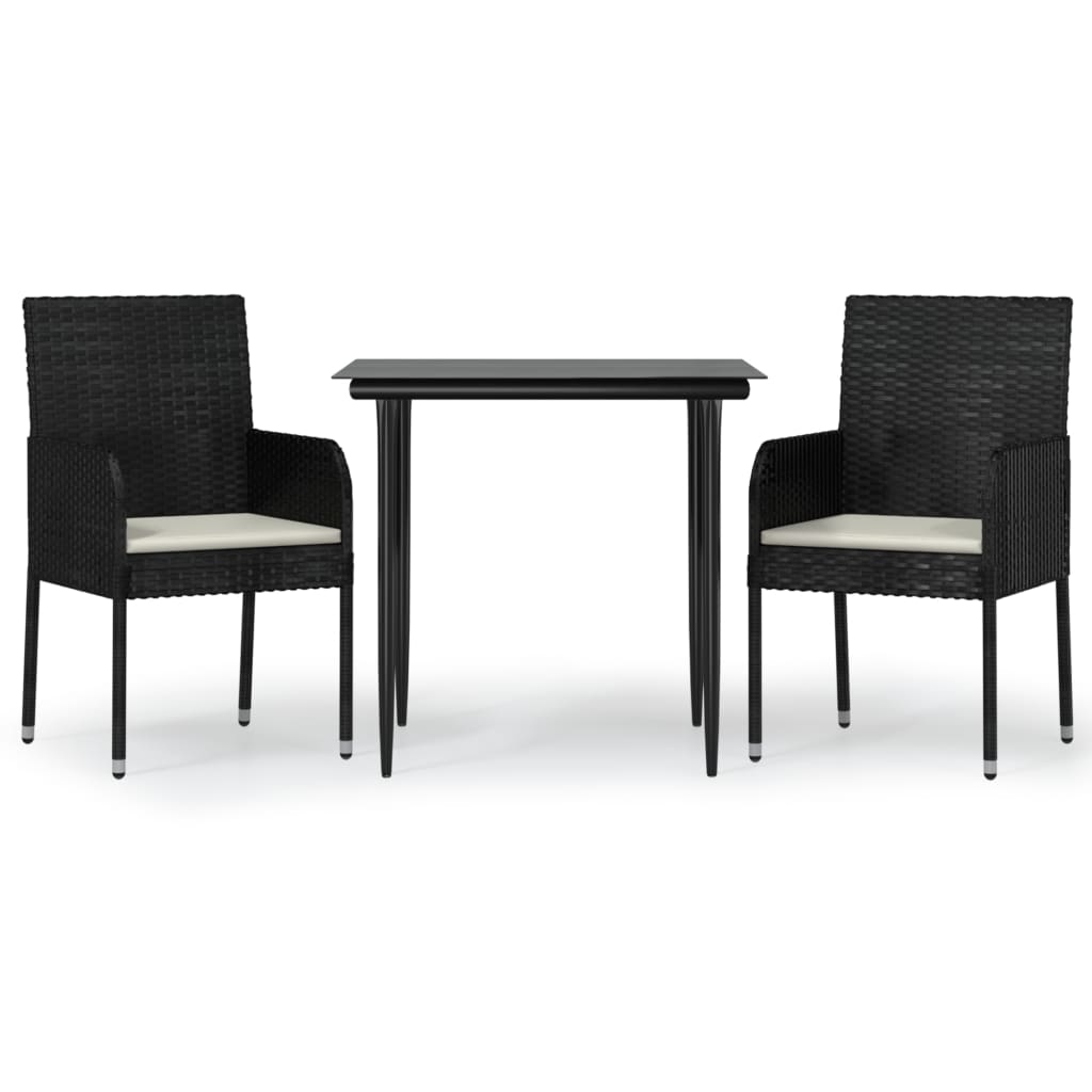 3-tlg. Garten-Essgruppe mit Kissen Schwarz Poly Rattan