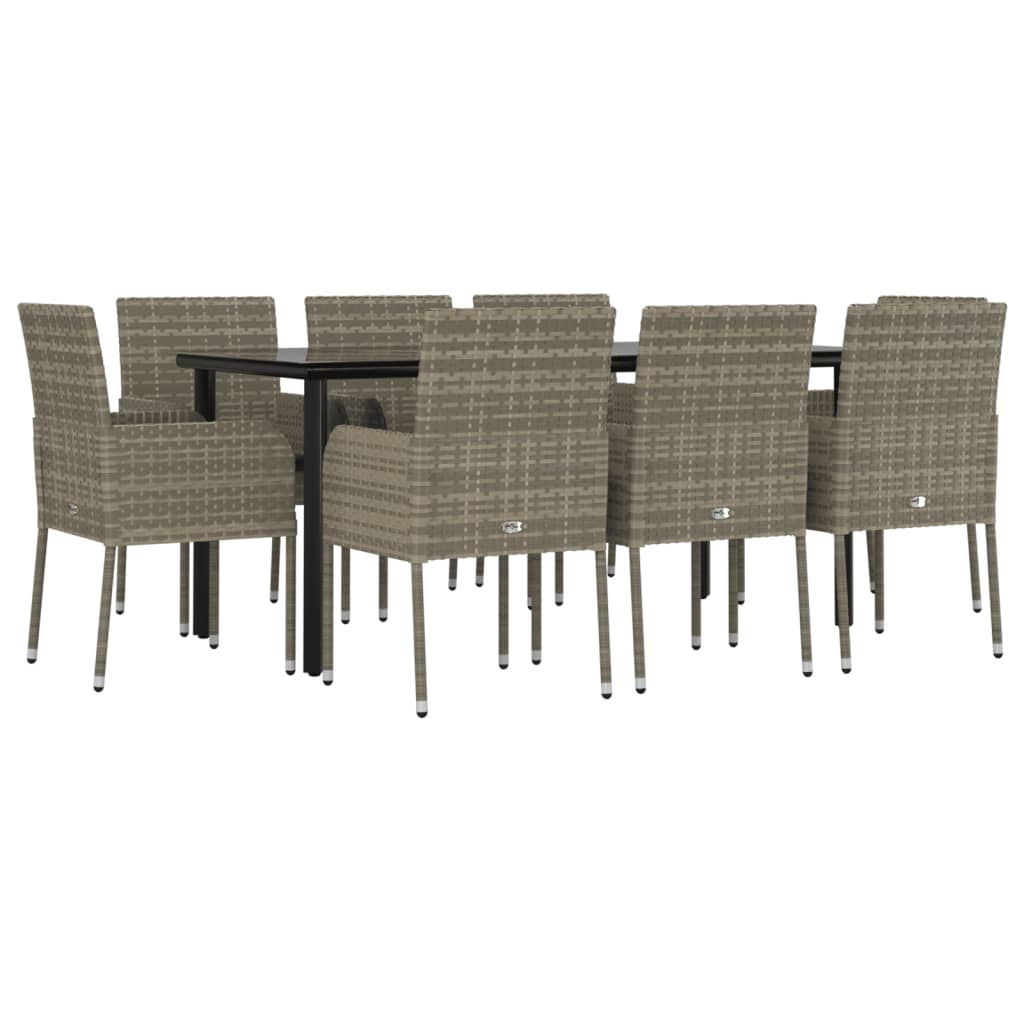 9-tlg. Garten-Essgruppe mit Kissen Schwarz und Grau Poly Rattan