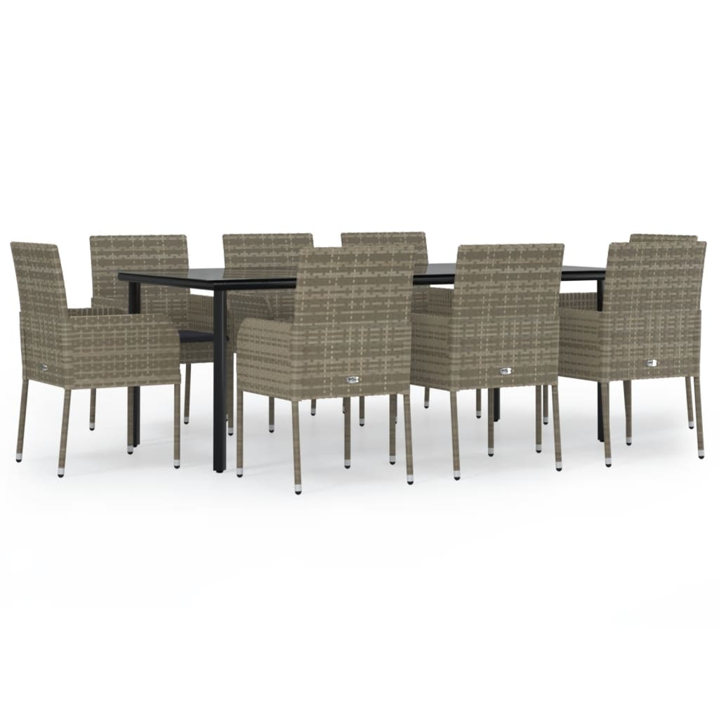 9-tlg. Garten-Essgruppe mit Kissen Schwarz und Grau Poly Rattan
