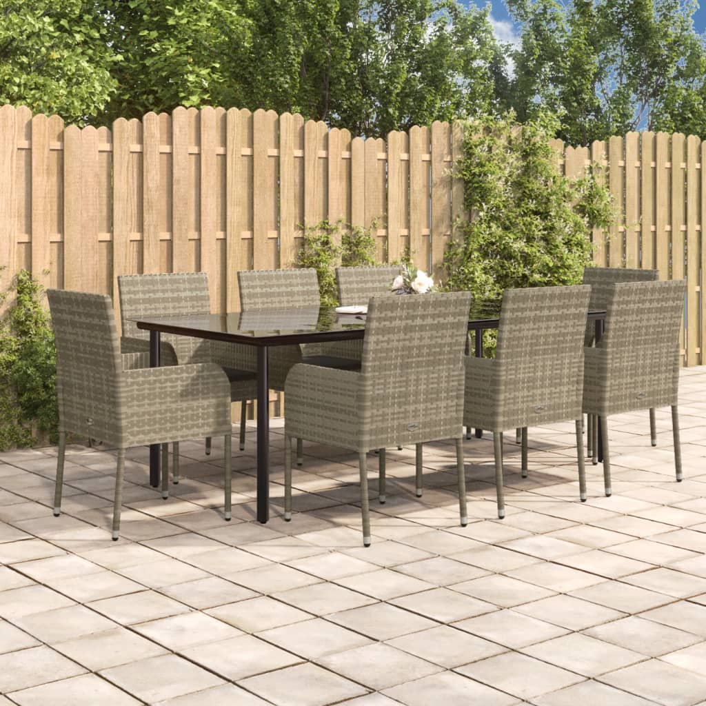9-tlg. Garten-Essgruppe mit Kissen Schwarz und Grau Poly Rattan