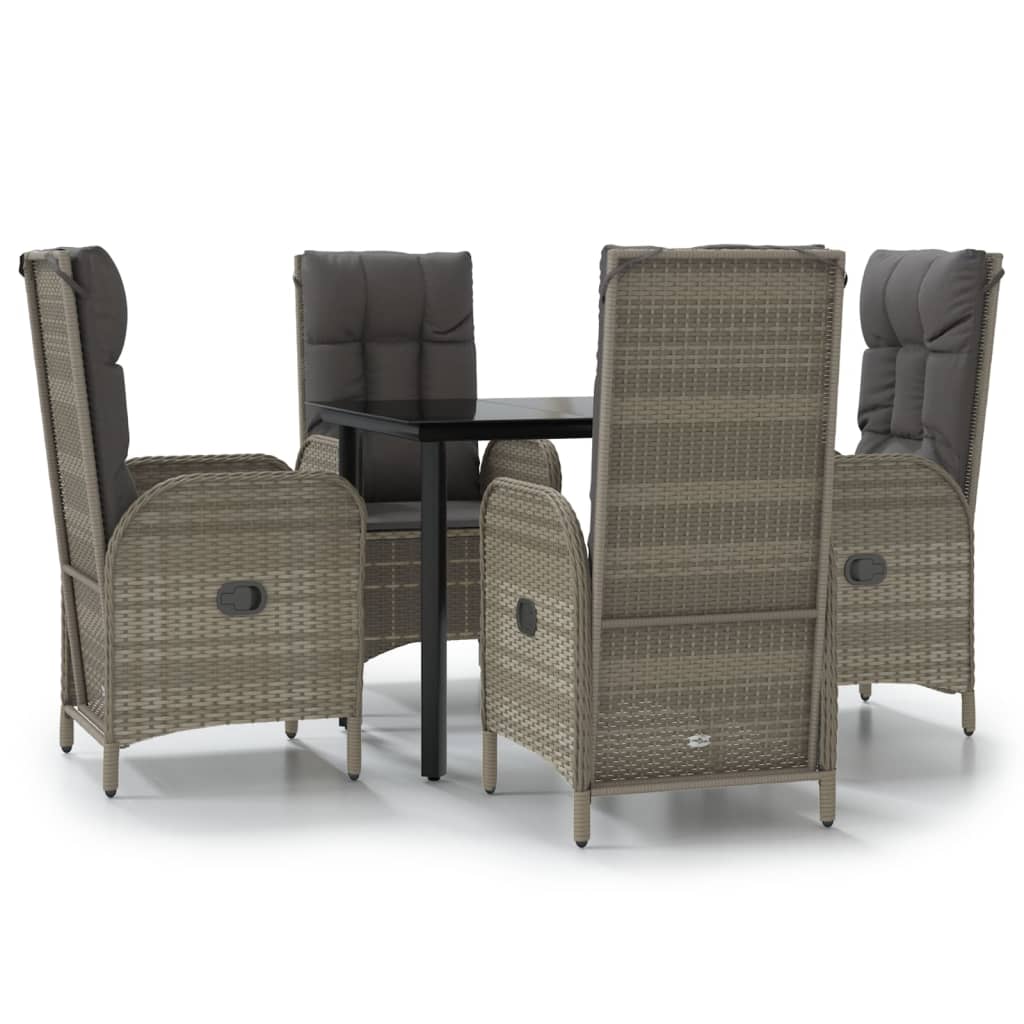 5-tlg. Garten-Essgruppe mit Kissen Schwarz und Grau Poly Rattan