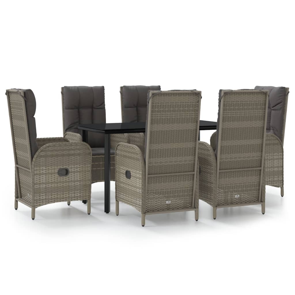 7-tlg. Garten-Essgruppe mit Kissen Schwarz und Grau Poly Rattan