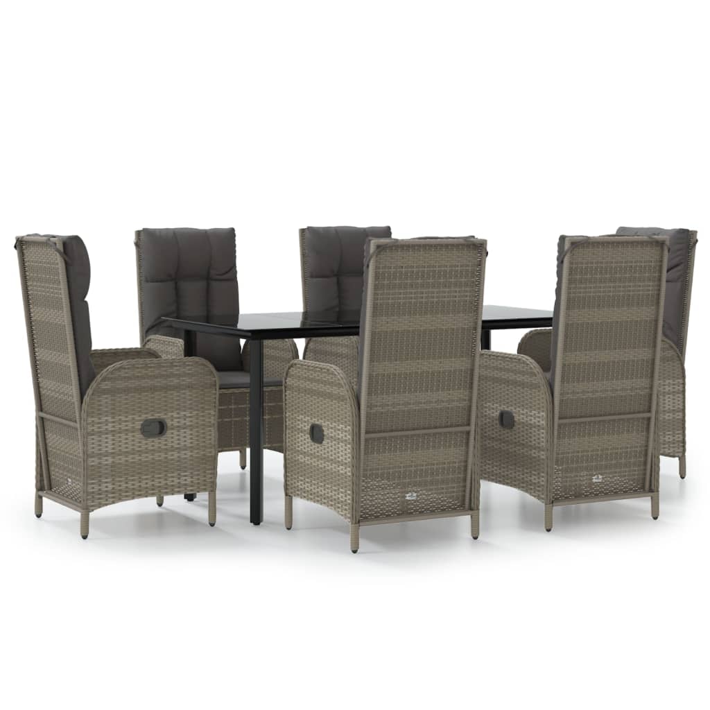 7-tlg. Garten-Essgruppe mit Kissen Schwarz und Grau Poly Rattan