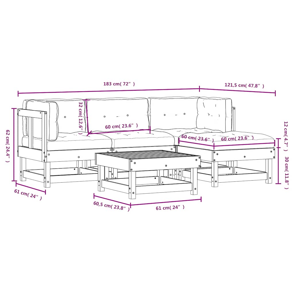 5-tlg. Garten-Lounge-Set mit Kissen Imprägniertes Kiefernholz