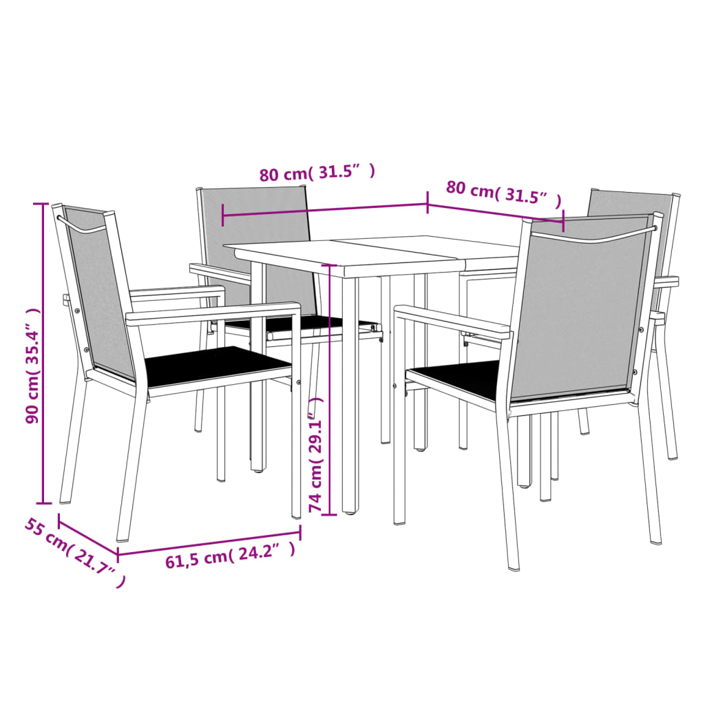 5-tlg. Garten-Essgruppe Schwarz Textilene und Stahl