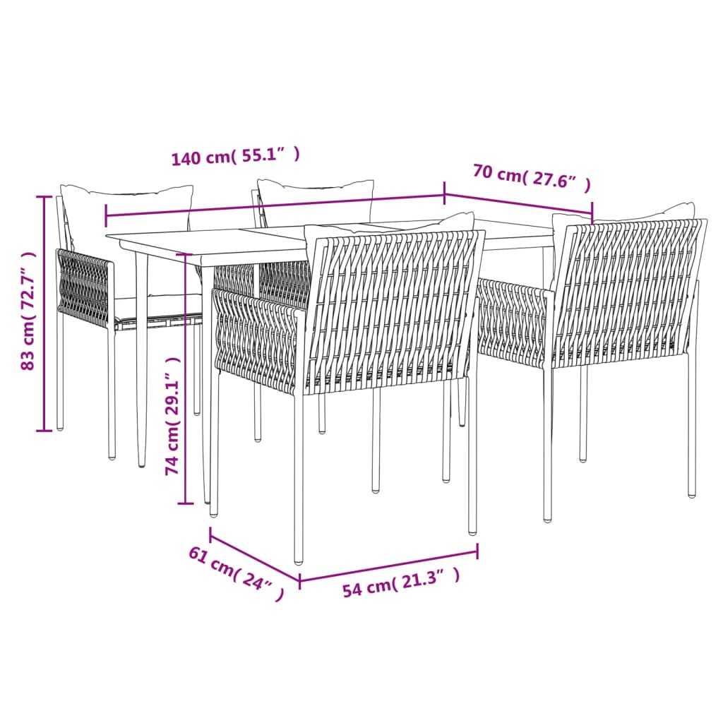 5-tlg. Garten-Essgruppe mit Kissen Poly Rattan und Stahl