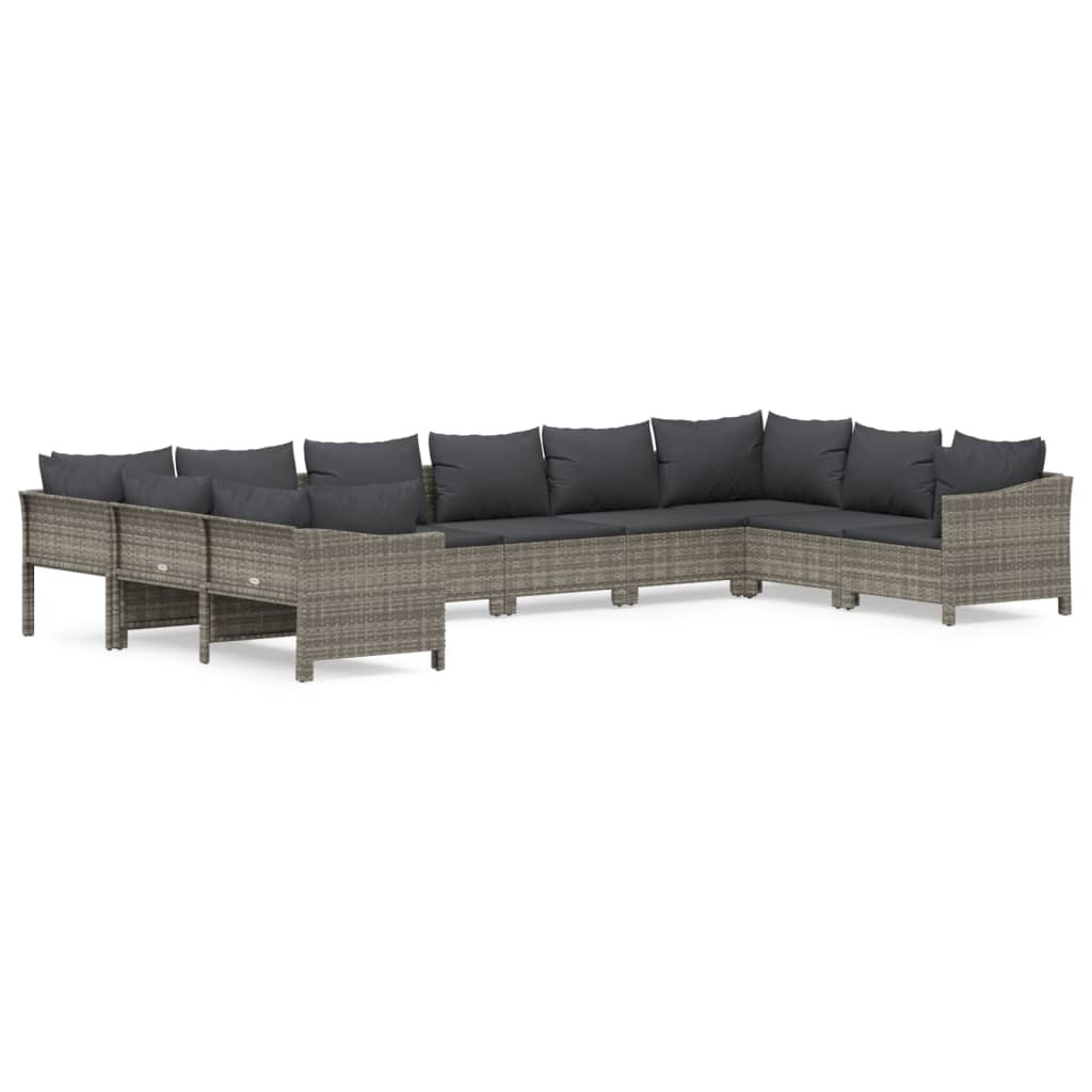 10-tlg. Garten-Lounge-Set mit Kissen Grau Poly Rattan