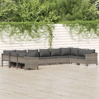 10-tlg. Garten-Lounge-Set mit Kissen Grau Poly Rattan