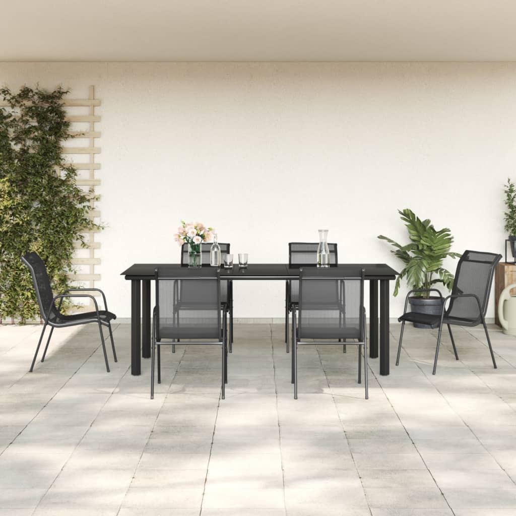 7-tlg. Garten-Essgruppe Schwarz Stahl und Textilene