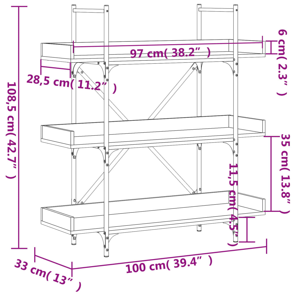 Bücherregal 3 Böden Sonoma-Eiche 100x33x108,5 cm Holzwerkstoff