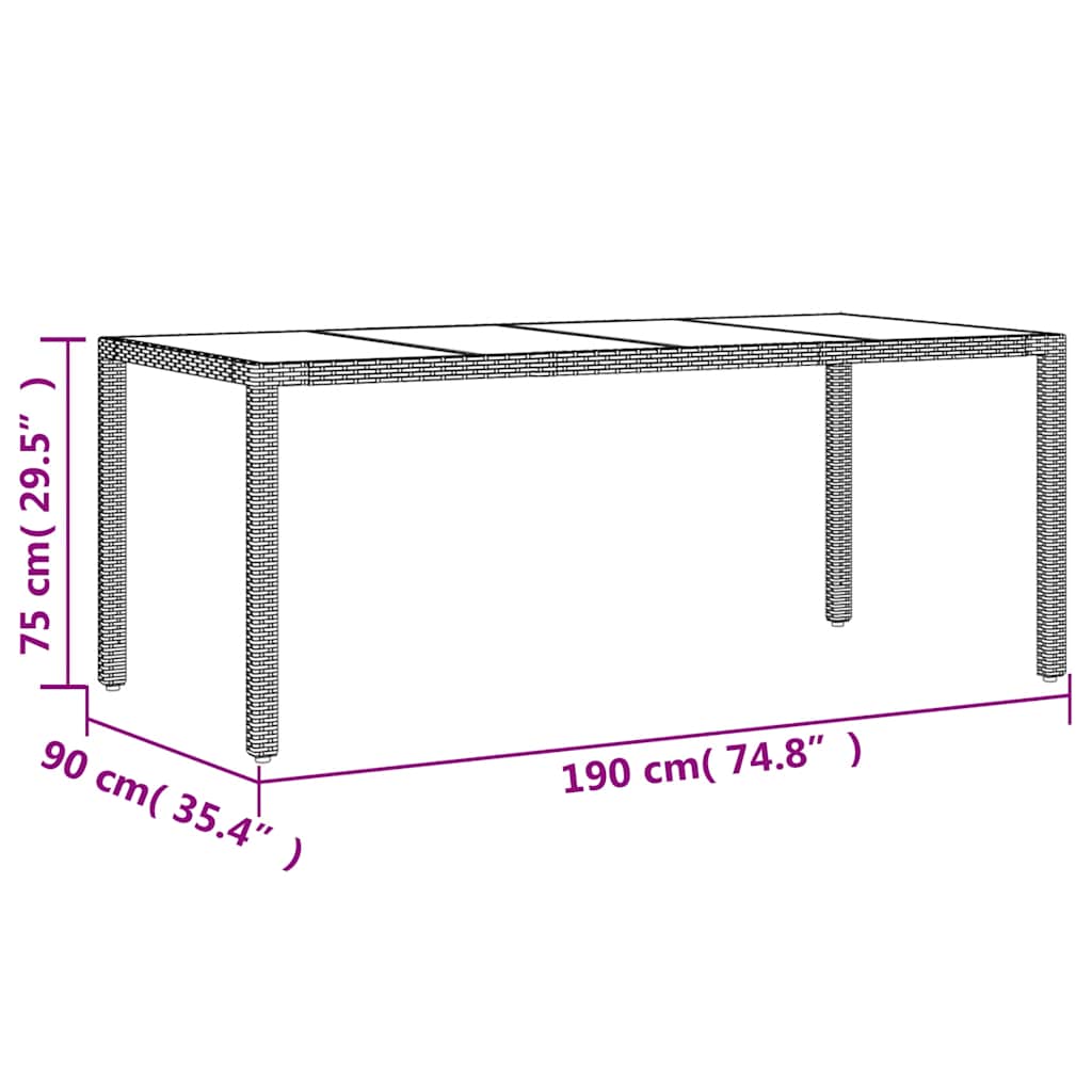 Gartentisch mit Glasplatte Braun 190x90x75 cm Poly Rattan