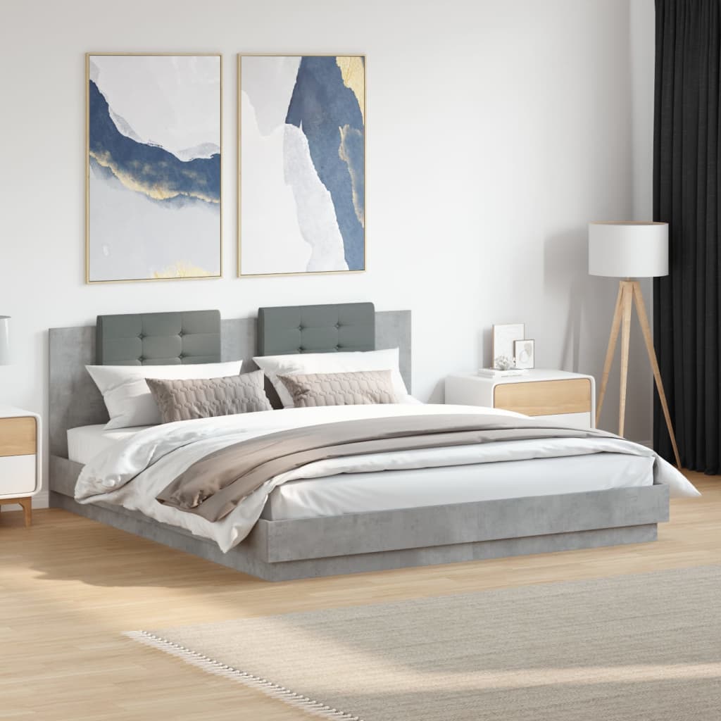 Bettgestell mit Kopfteil und LED-Leuchten Betongrau 180x200 cm