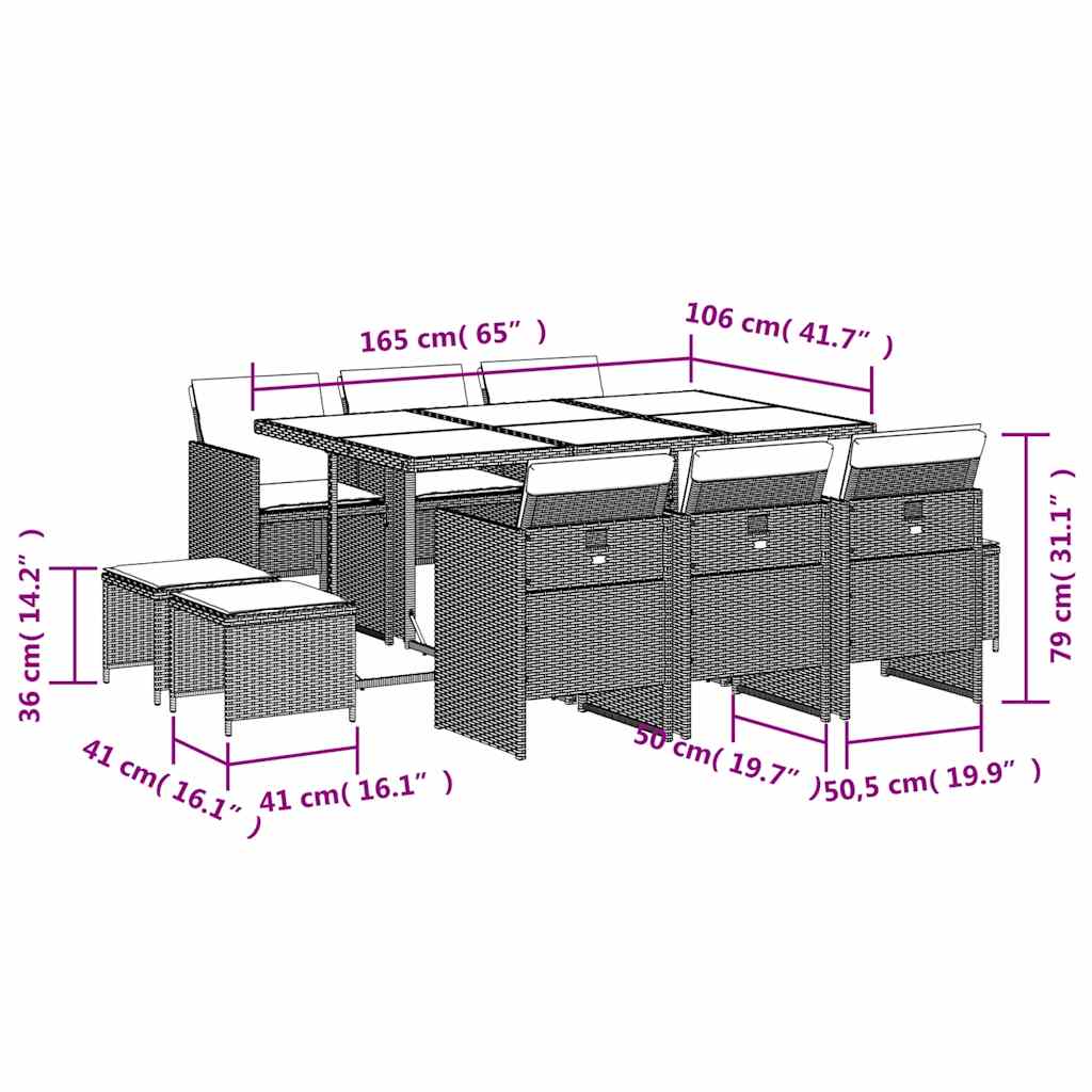 11-tlg. Garten-Essgruppe mit Kissen Braun Poly Rattan