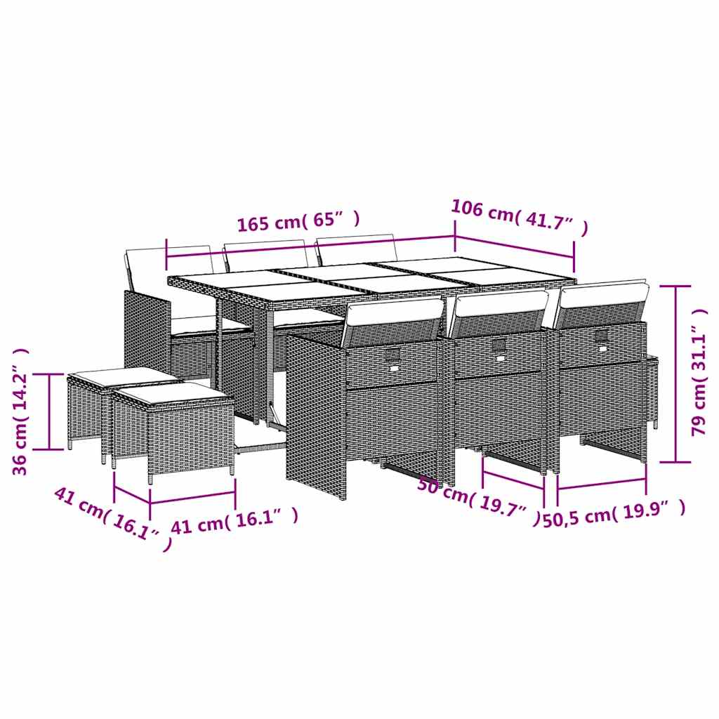 11-tlg. Garten-Essgruppe mit Kissen Grau Poly Rattan