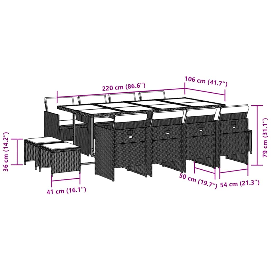 13-tlg. Garten-Essgruppe mit Kissen Schwarz Poly Rattan
