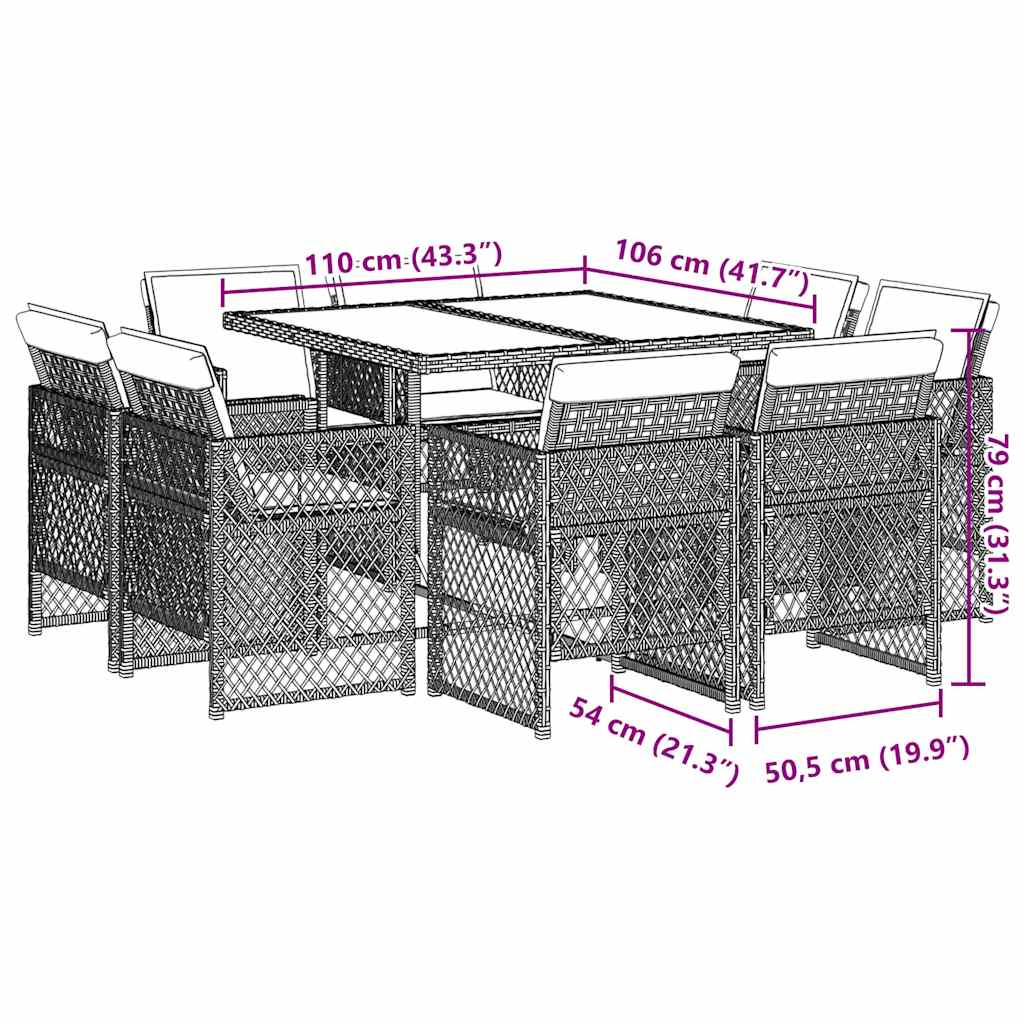 9-tlg. Garten-Essgruppe mit Kissen Grau Poly Rattan