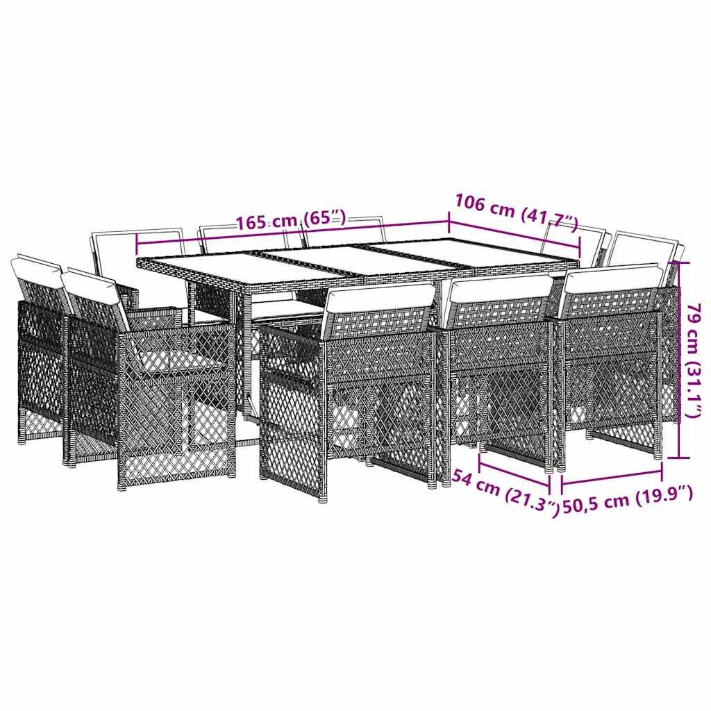 11-tlg. Garten-Essgruppe mit Kissen Grau Poly Rattan