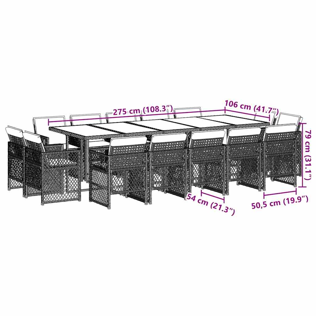 15-tlg. Garten-Essgruppe mit Kissen Grau Poly Rattan