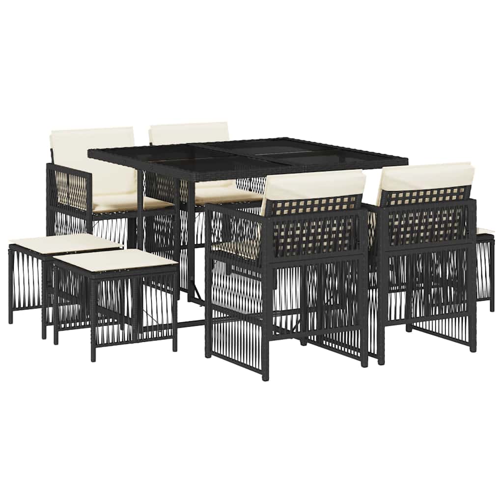 9-tlg. Garten-Essgruppe mit Kissen Schwarz Poly Rattan
