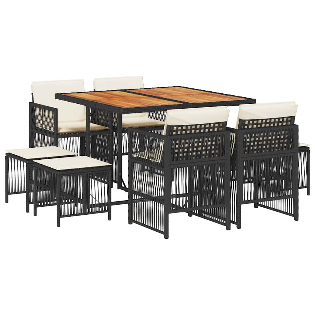 9-tlg. Garten-Essgruppe mit Kissen Schwarz Poly Rattan