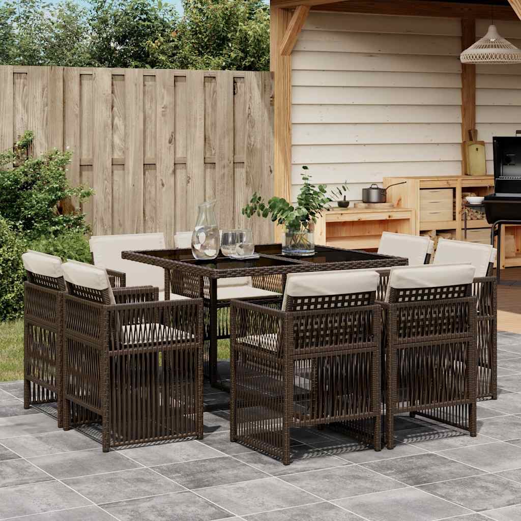 9-tlg. Garten-Essgruppe mit Kissen Braun Poly Rattan