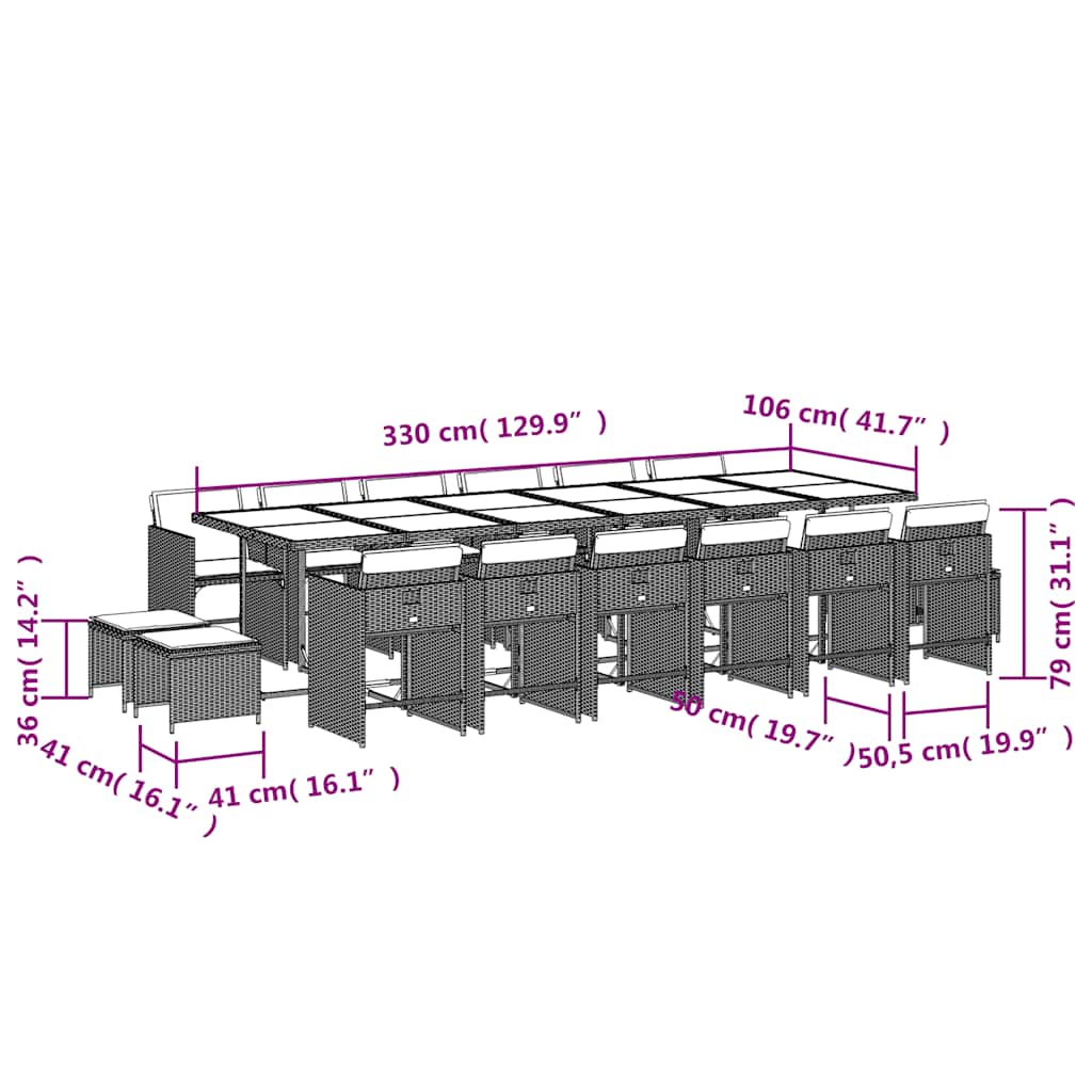 17-tlg. Garten-Essgruppe mit Kissen Hellgrau Poly Rattan