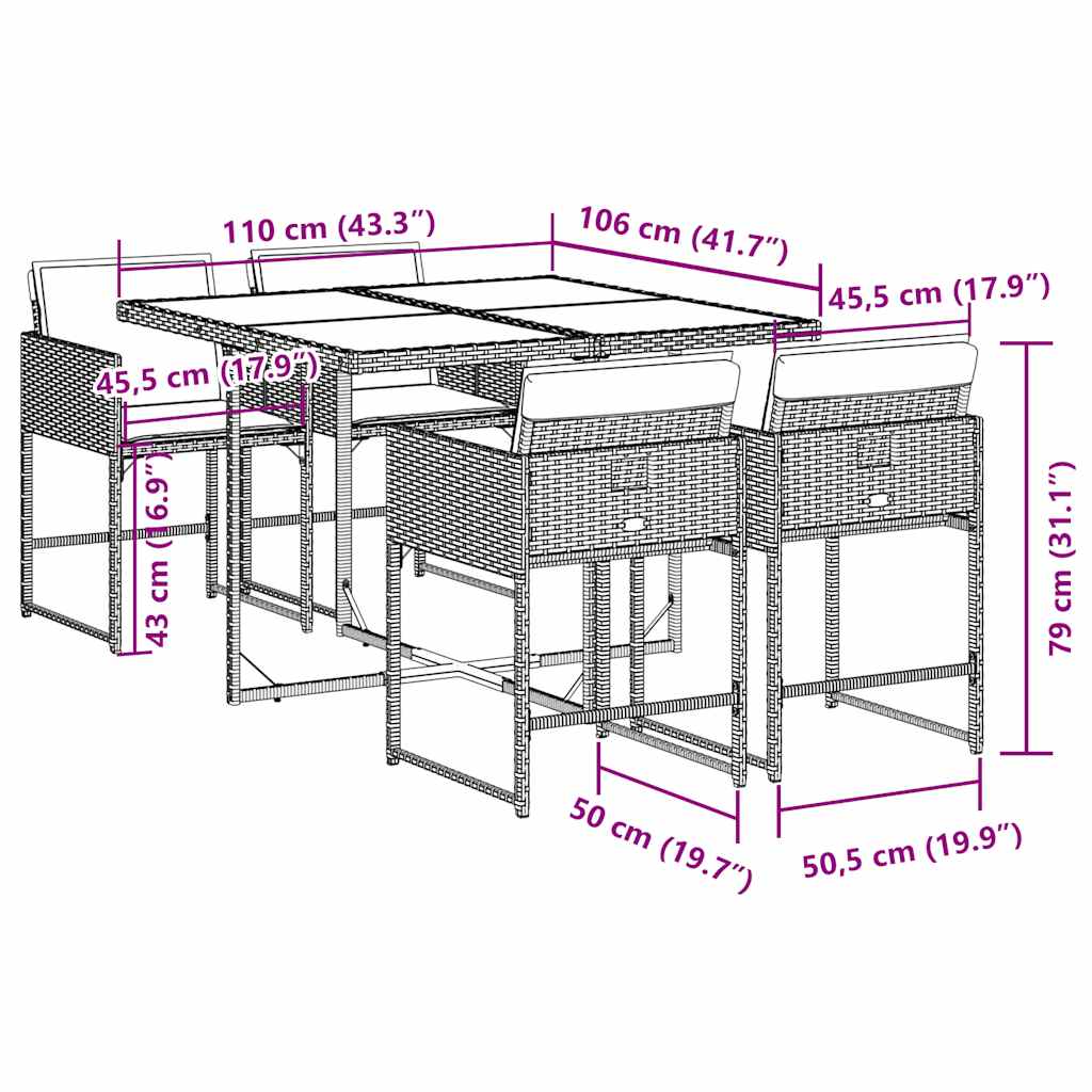 5-tlg. Garten-Essgruppe mit Kissen Grau Poly Rattan