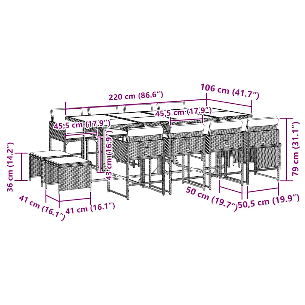 13-tlg. Garten-Essgruppe mit Kissen Grau Poly Rattan