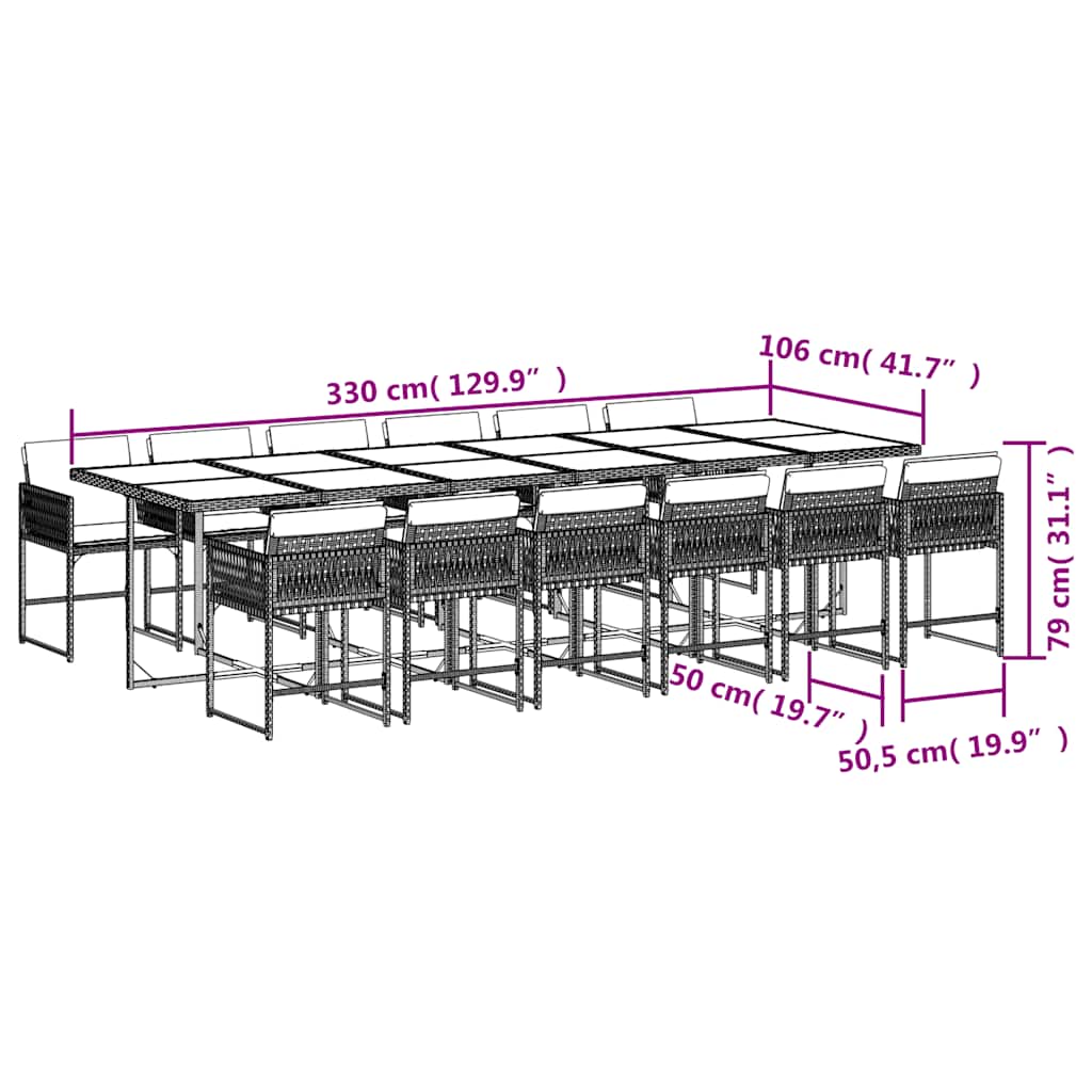 13-tlg. Garten-Essgruppe mit Kissen Hellgrau Poly Rattan