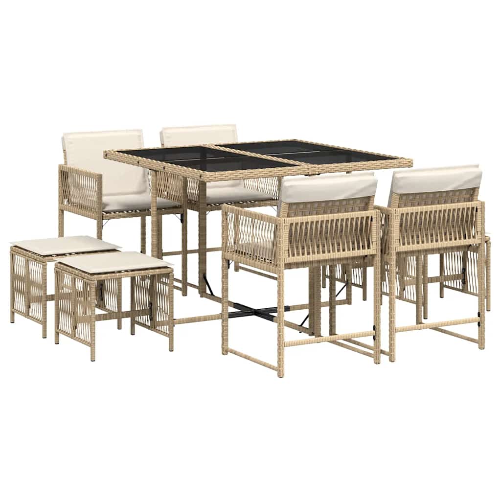 9-tlg. Garten-Essgruppe mit Kissen Beige Poly Rattan