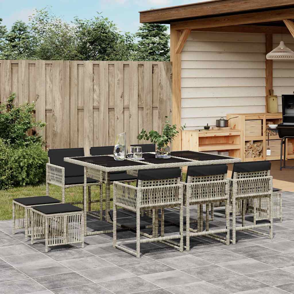 11-tlg. Garten-Essgruppe mit Kissen Hellgrau Poly Rattan