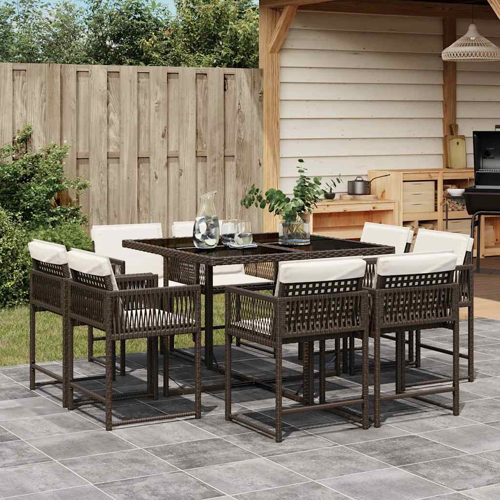 9-tlg. Garten-Essgruppe mit Kissen Braun Poly Rattan