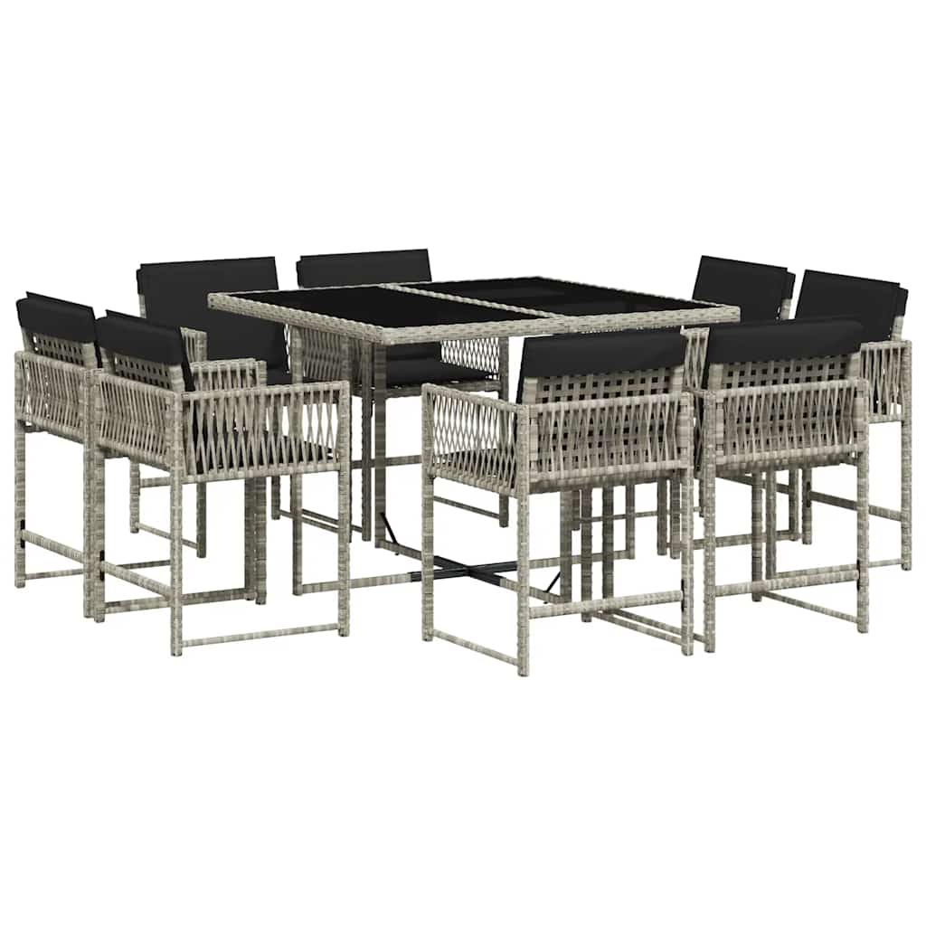 9-tlg. Garten-Essgruppe mit Kissen Hellgrau Poly Rattan
