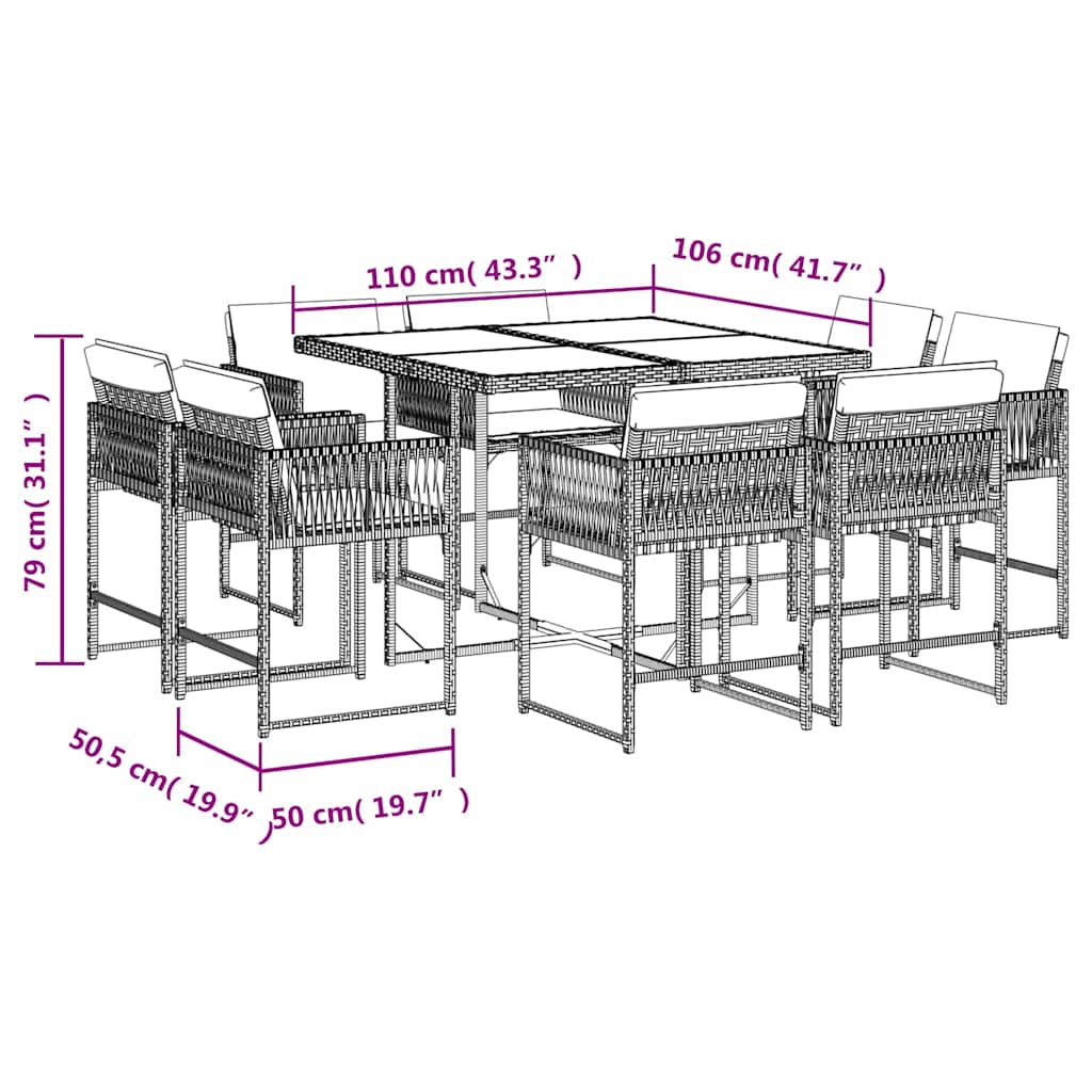 9-tlg. Garten-Essgruppe mit Kissen Beigemischung Poly Rattan