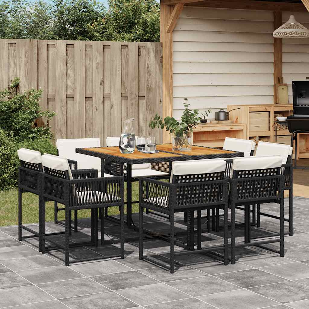 9-tlg. Garten-Essgruppe mit Kissen Schwarz Poly Rattan