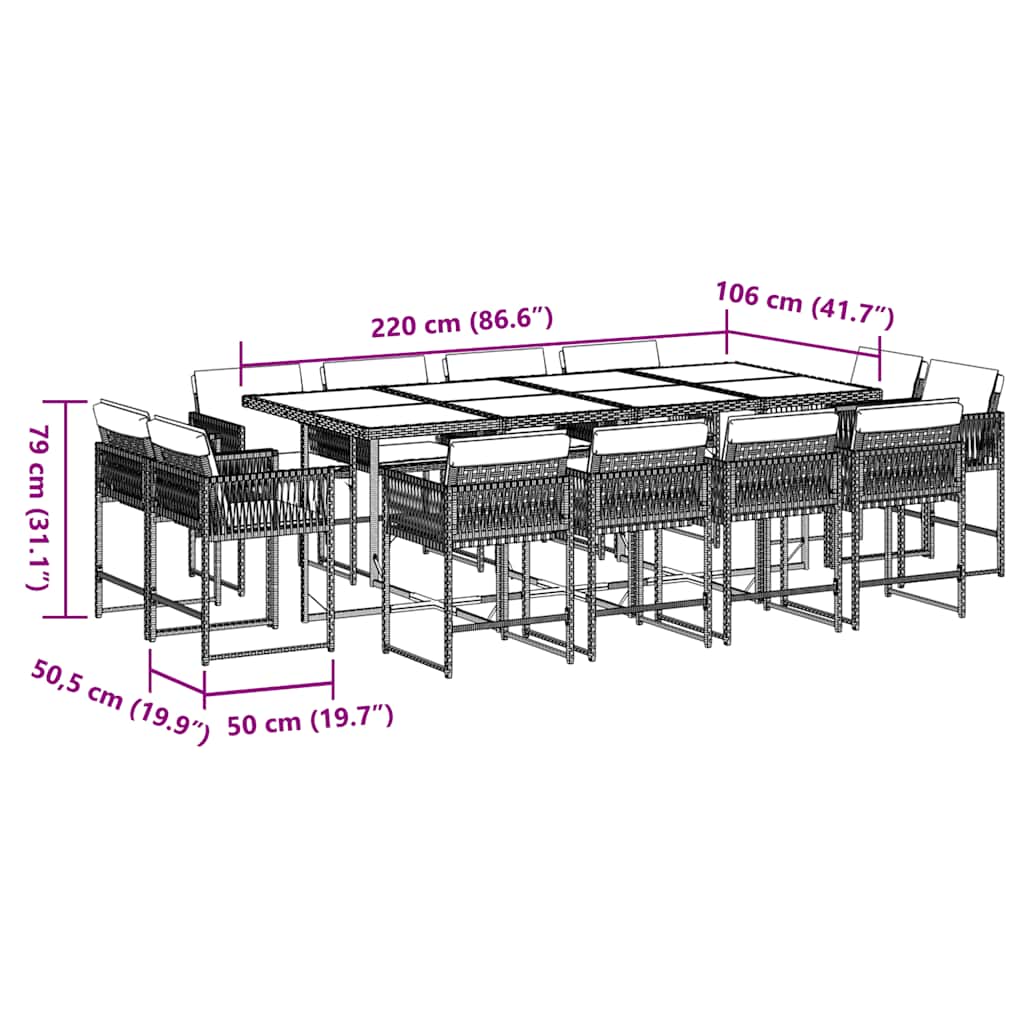 13-tlg. Garten-Essgruppe mit Kissen Braun Poly Rattan