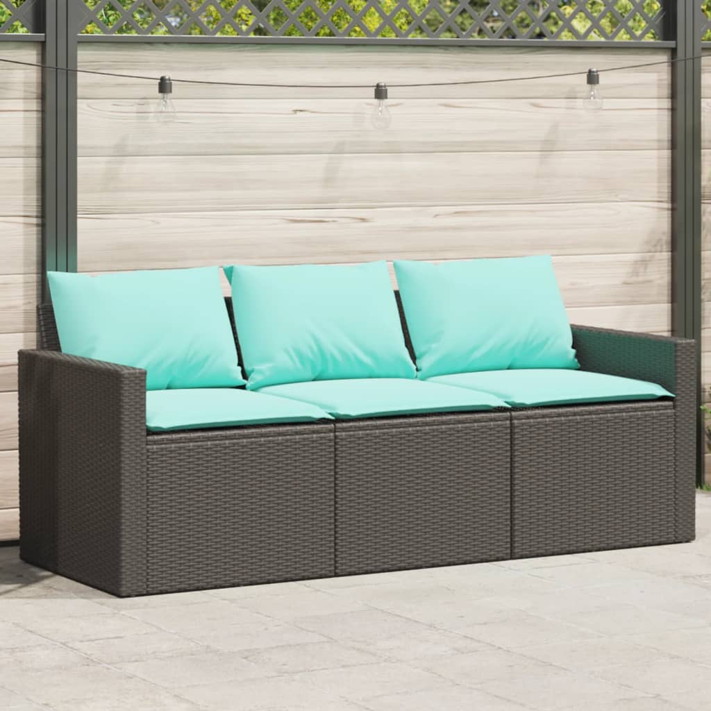 Gartensofa mit Kissen 3-Sitzer Schwarz Poly Rattan