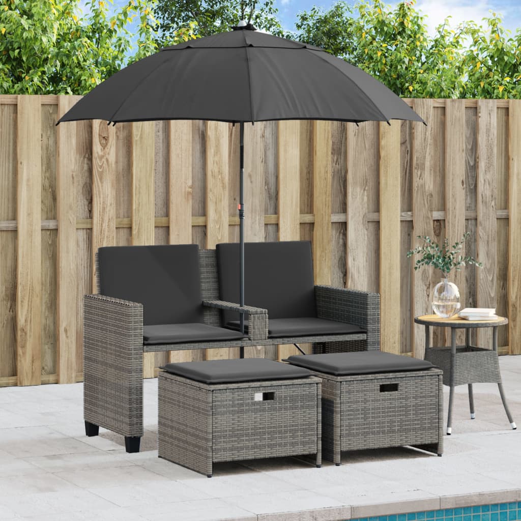 Gartensofa 2-Sitzer Sonnenschirm und Hocker Grau Poly Rattan