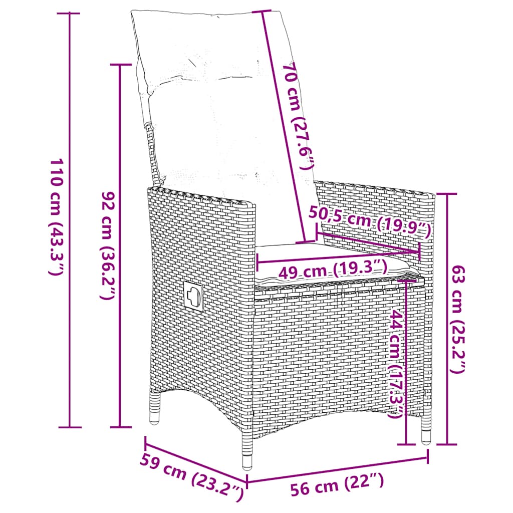 Gartenstühle Verstellbar 2 Stk. mit Kissen Grau Poly Rattan