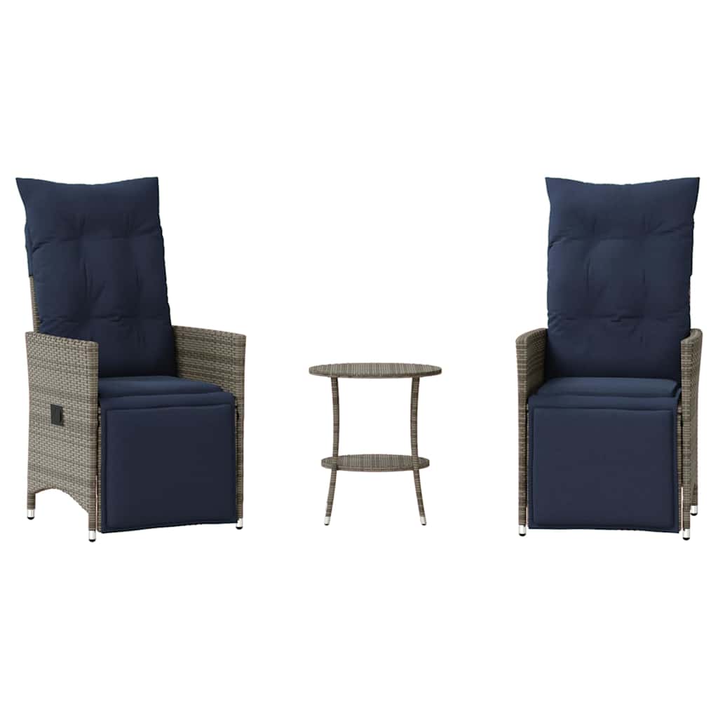 3-teiliges Bistro-Set mit Kissen Grau Poly Rattan