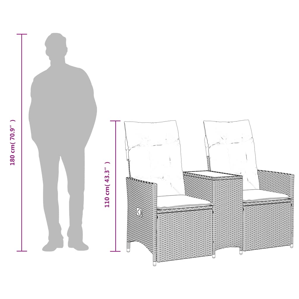 Gartensofa Verstellbar 2-Sitzer mit Tisch Grau Poly Rattan